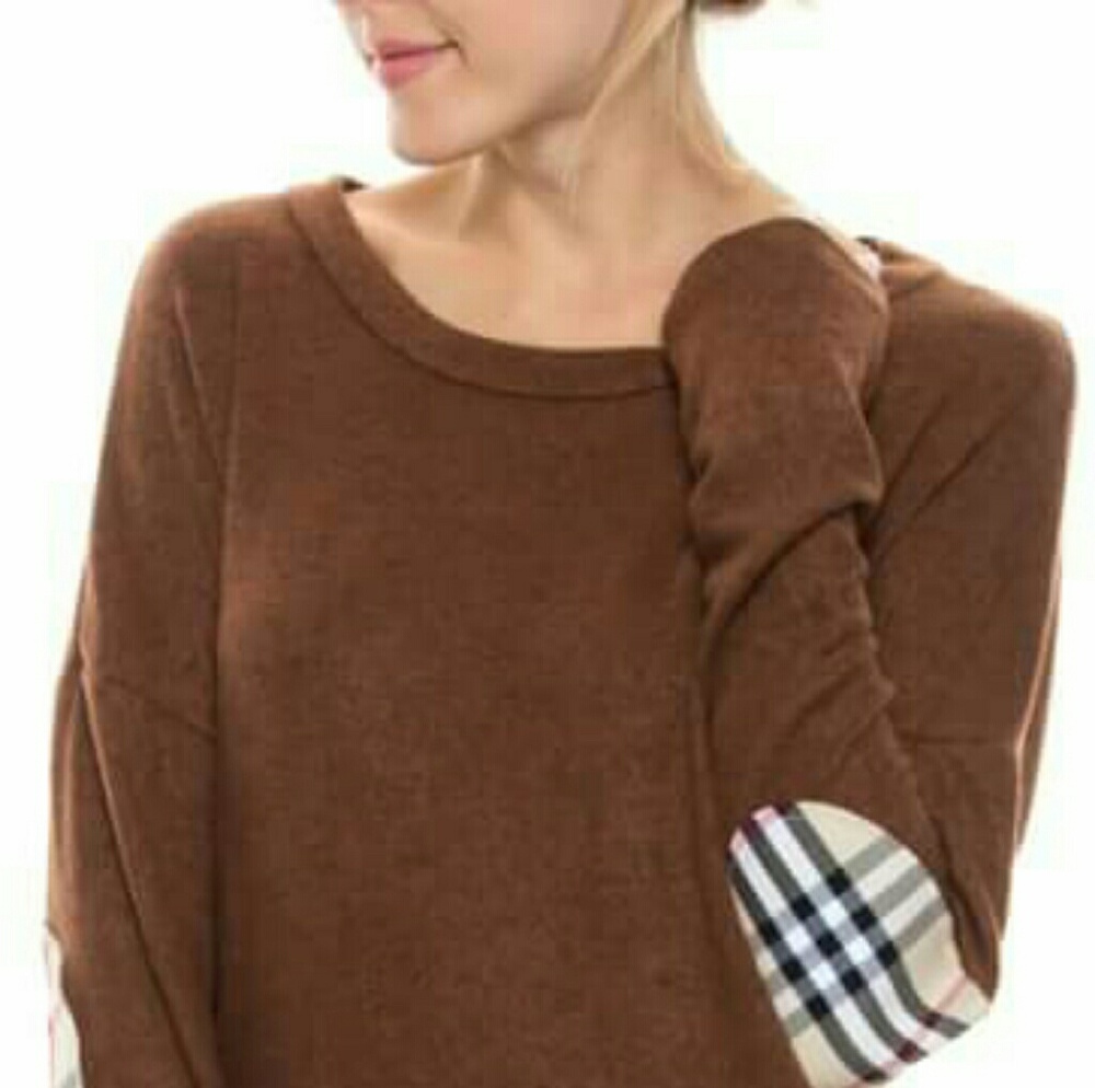 Brown sweater with plaid elbow patch